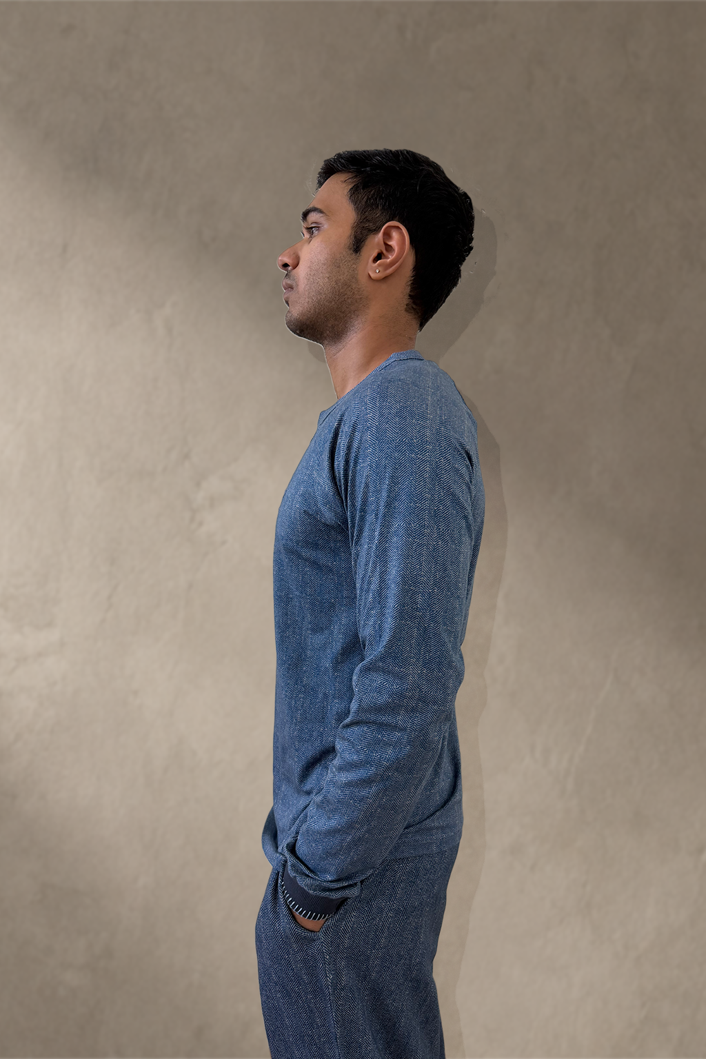 Side view of Kyntsugi Herringbone Henley